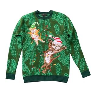 Ugly Christmas Sweater Cats Bell Pom Pom Unisex Adult Size S Green Holiday Party